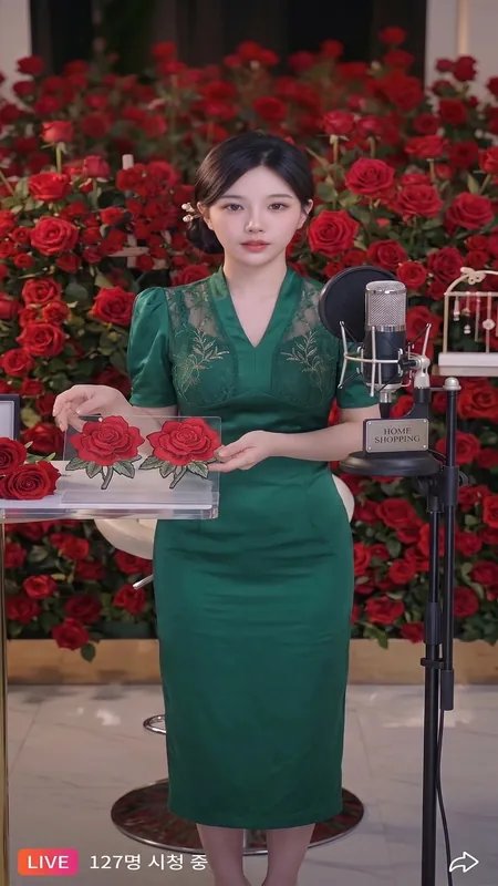 장미꽃 벽을 배경으로 초록색 원피스를 입은 여성이 진행하는 홈쇼핑 라이브 방송 화면